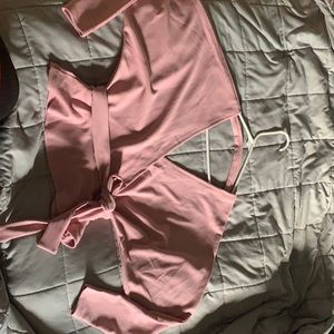 Light pink, v cut long sleeve shirt with belt